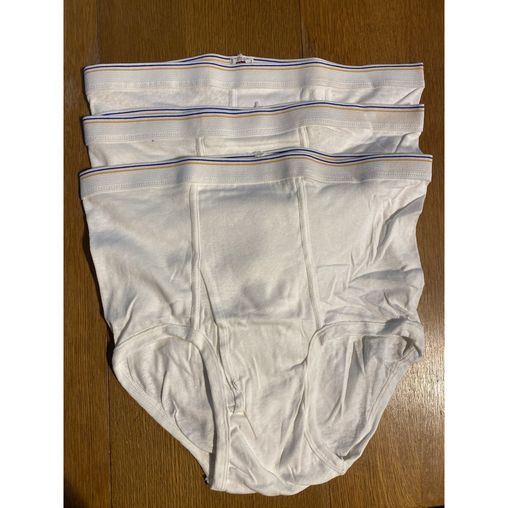 (3) Pair 42"-44" Vtg Fruit Of The Loom Men's Gold/Blue Stripe Mid-Rise Briefs